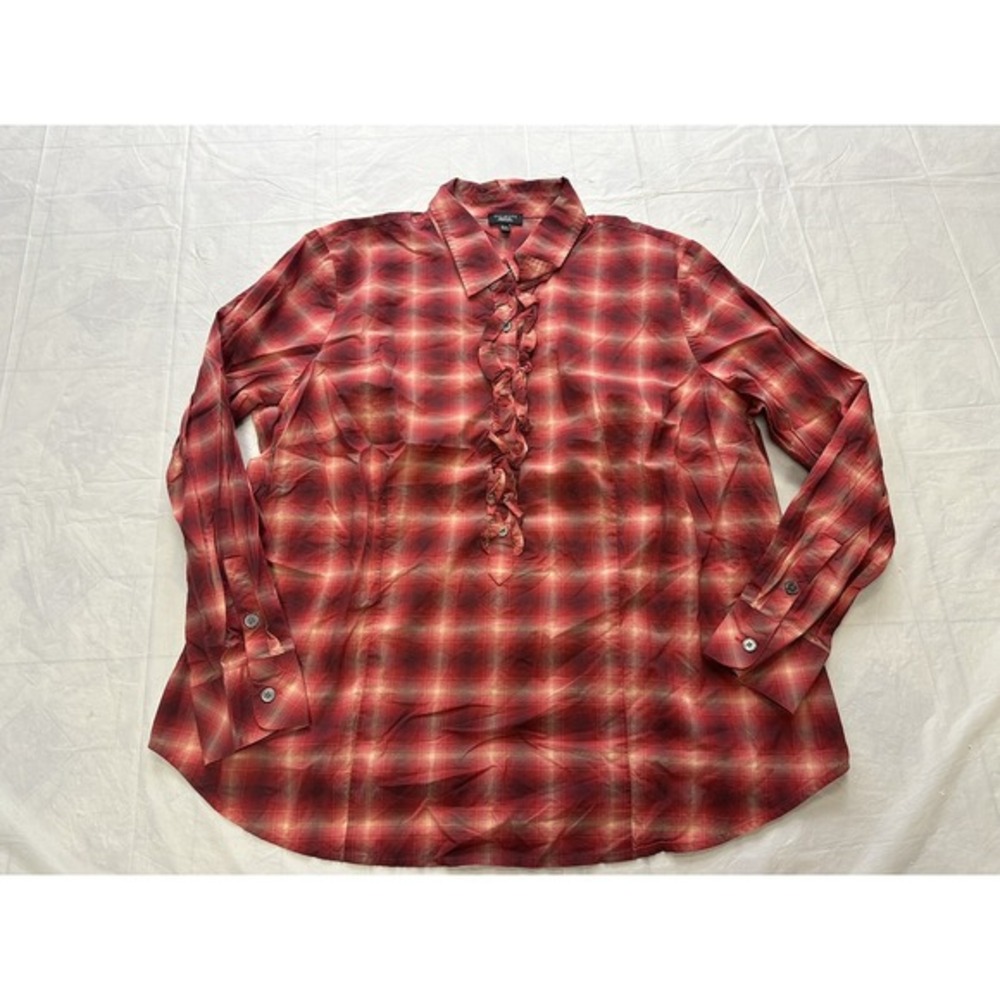 TALBOTS 16 Petite Ruffle V neck button shirt Blouse‎ 16P red plaid